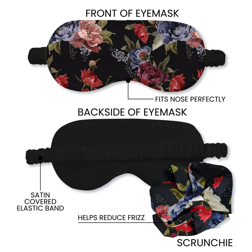 Artico Bluhen - Black Floral Satin Eyemask and Scrunchie