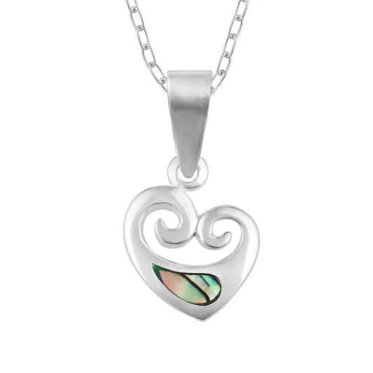 Little Taonga Sterling Silver Paua Koru Heart Necklace