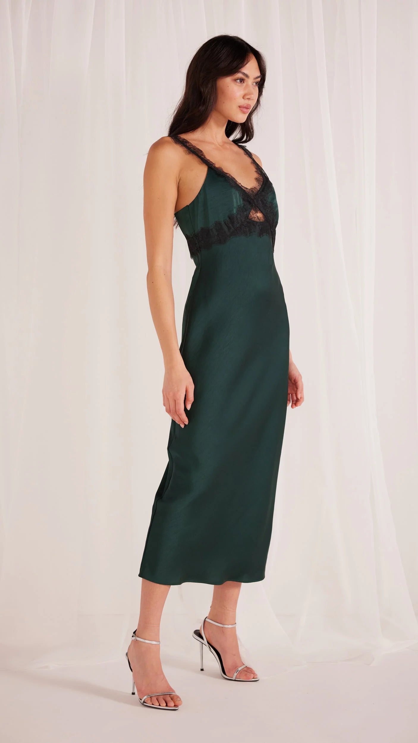 Mink Pink Erin Lace Trim Midi Slip Dress - Emerald