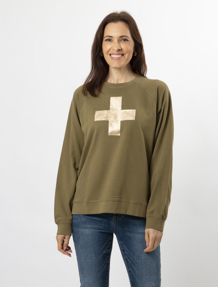 Stella + Gemma Everyday Sweater - Olive with Gold Glitter Cross