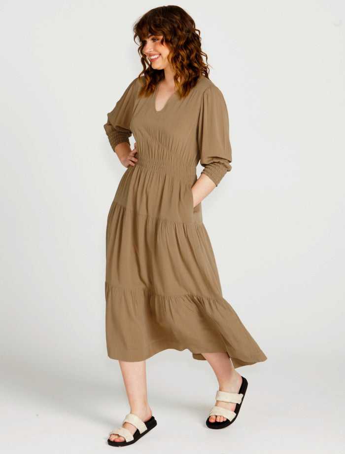 Sass Portia Elastic Waist Flowy Dress - Khaki